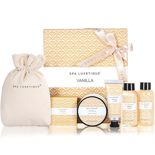 Spa Luxetique Spa Gifts for Women 6pc Vanilla Bath Sets Women Gift With Body Lotion, Shower Gel, Bubble Bath, Hand Cream, Bath and Body Gifts Set, Christmas Gifts