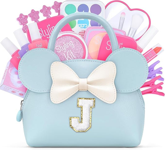 Kids Real Makeup Kit for Girls - 21Pcs Non-Toxic Make Up Toys with Initial Toddler Purse - Personalized Birthday Gifts for Age 5 6 7 8 9 10 Years Old Girls Vanity Set - J