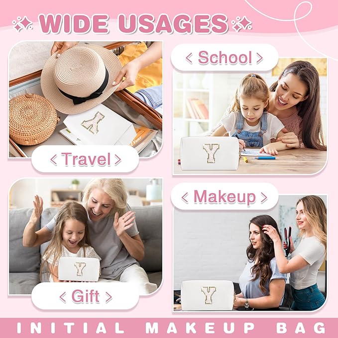 Small Initial Patch Makeup Bag Personalized Gifts Make Up Bag,White Cute PU Leather Glitter Letter Cosmetic Bag with Zipper,Trendy Portable Travel Toiletry Pouch,Preppy Stuff for Teen Girls Women Y
