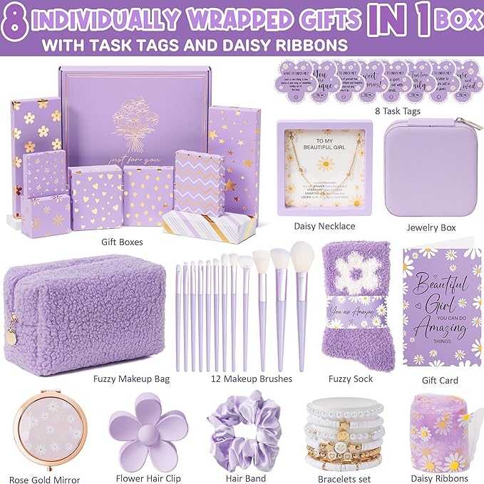 Birthday Gifts for Tween Teen Girls - 8 PCS Gifts Basket Teen Girl Gifts Trendy Stuff Girls Fun Empower Gift Box w/Task Tags Make up Brushes Makeup Bag, Graduation Gifts Idea for Her Niece Daughter