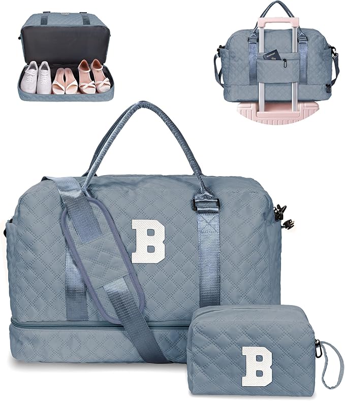 Gifts for Girls-Duffle Bag with Shoe Compartment, Personalized Weekender Bag, Overnight Bags for Women, Letter Travel Bag with Makeup Bag，Tween Girls Trendy Stuff Gift (Letter B)