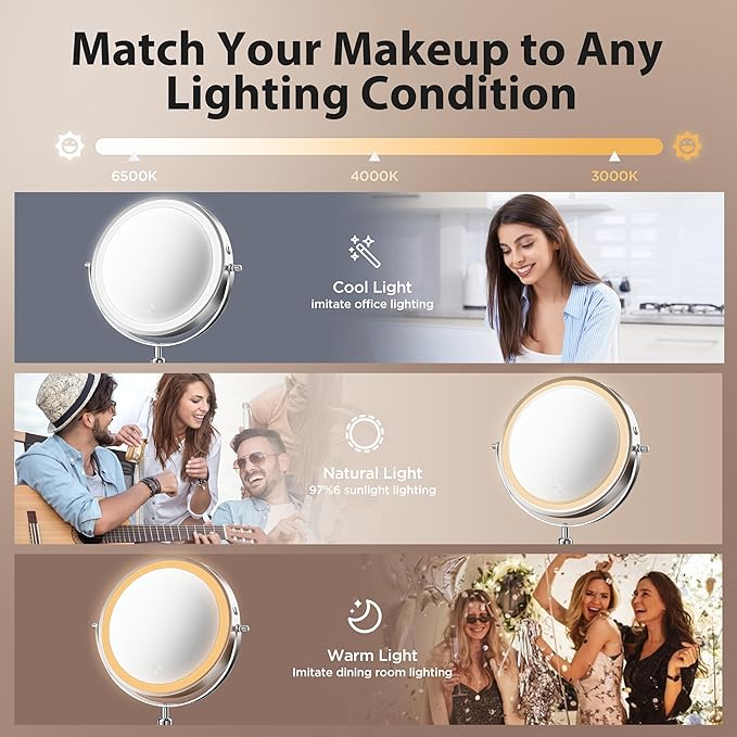 Makeup Mirror, 1X/30X Double Sided Magnifying Mirror/Switch with 3 Colors, 3200 mAh Rechargeable Vanity Mirror with 360° Rotation, Brightness Adjustable Magnification, Women Gift