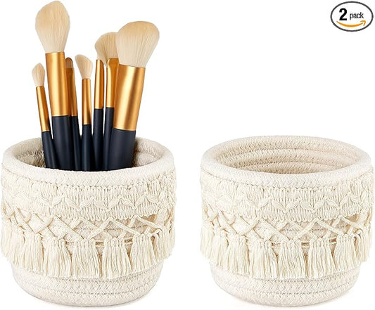 Mkono Macrame Makeup Brush Holder Organizer Comb Brushes Mini Storage Basket Set of 2 Boho Decor Baskets for Pen Pencil Box Container ,Ivory