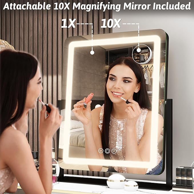 FENNIO Vanity Mirror with Lights 19"x22" - LED Lighted Makeup Mirror,Large Makeup Mirror with Lights,Touch Screen with 3-Color Lighting,Led Mirror Makeup,Dimmable, for Vanity Desk Tabletop, Bedroom