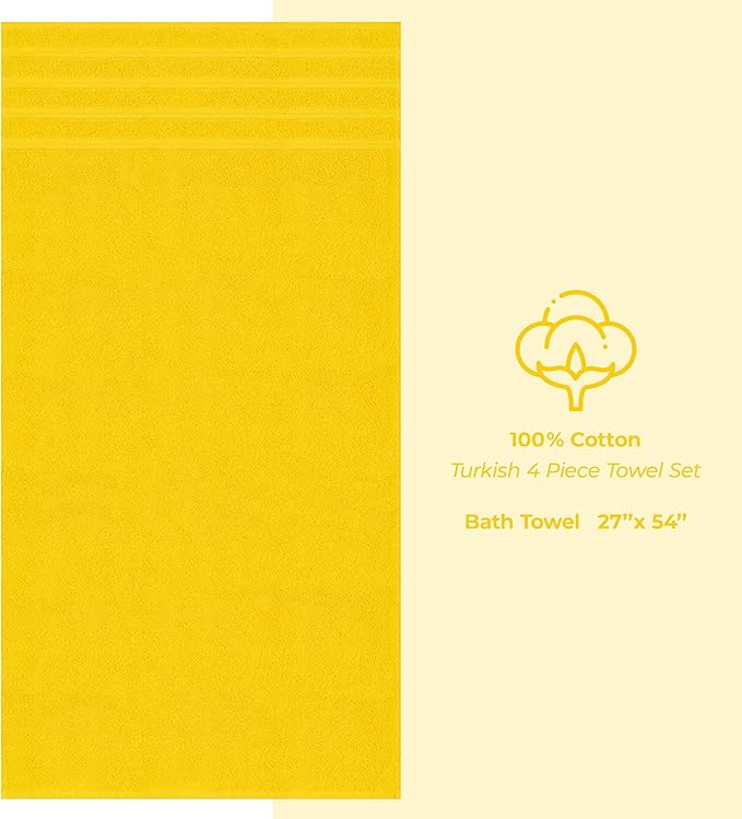 American Soft Linen Luxury 4 Piece Bath Towel Set, 600 GSM 100% Cotton Turkish Bath Towels for Bathroom, 27x54 in Extra Large Bathroom Shower Towels, Yellow