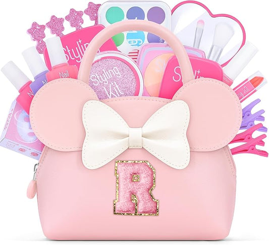 Pretend Makeup Kit for Girls Kids Toddlers - Initial Purse & Makeup Sets for Kids Make Up Toys Gifts for Girls Kid R