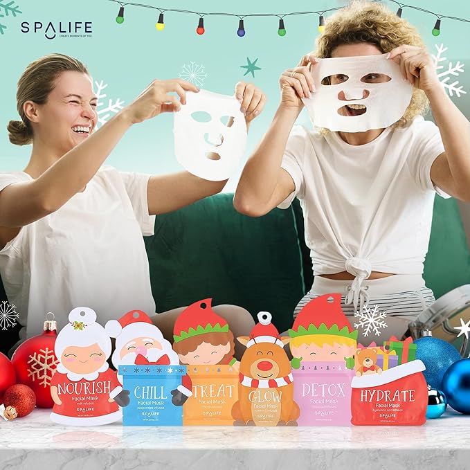 SpaLife Beauty Santa’s Squad Christmas Face Mask Bundle | Korean Facial Masks | Hydrating, Soothing, Complexion Enhancing and Firming Sheet Mask Set | Christmas Gifts for Women | 12 Pack