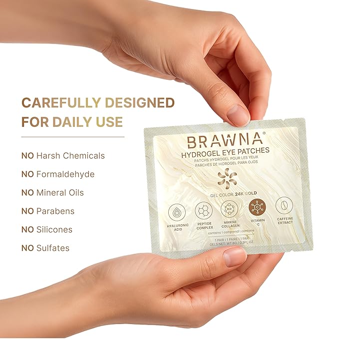 BRAWNA 24K Gold Hydrogel Undereye Mask Patch with Vitamin C, Caffeine, Callogen, Peptides, Hyaluronic Acid - for Dark Circles, Puffy Eyes, Undereye Bags, Wrinkles - 24 Pairs
