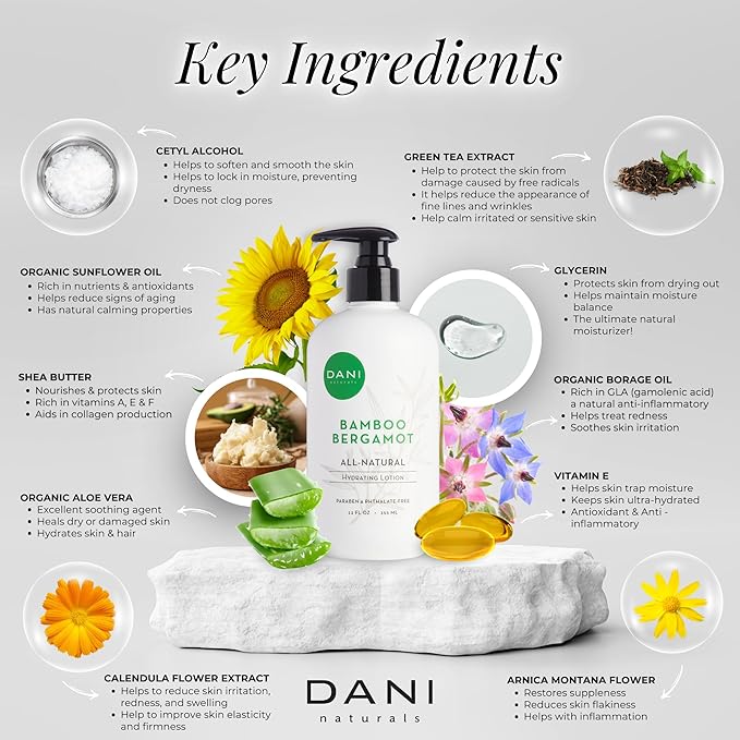 DANI Naturals Hand & Body Lotion - Clean Bamboo Bergamot Scented, Deep Hydration Lotion for Dry Skin, With Shea Butter & Aloe Vera, Natural & Organic Ingredients, Paraben-Free, 12 Oz