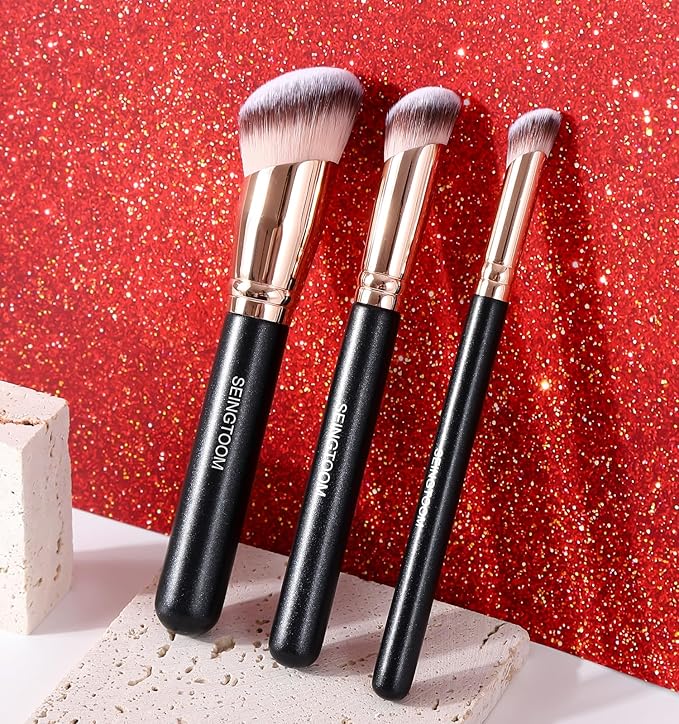 Angled Foundation Brush Contour Conceal Brush Set, 3Pcs Angled Synthetic Kabuki Makeup Brush for Face Blush Bronzer Travel Buffing Stippling Contour Powder Liquid Blending