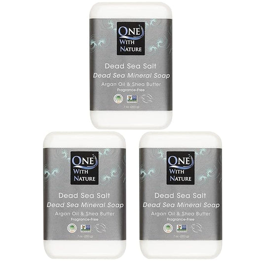 One With Nature Dead Sea Salt Soap 7oz 3-Pack – Purifying and Exfoliating Soap Bar with Dead Sea Minerals for Face & Body, for Men & Women. Unscented.