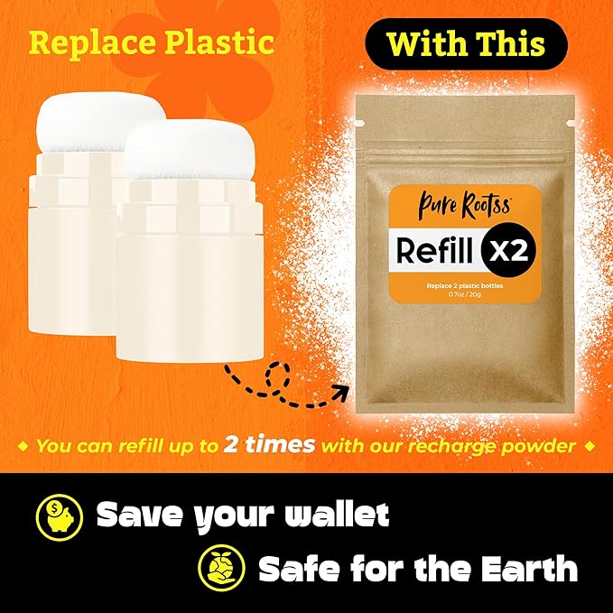 Dry Shampoo Powder and Refill X2, Unscented, Non Aerosol, For Dark and Blonde Hair, Hair Volumizing, Mattifying Root, Travel Hair Styling Powder & Fuller Looking Refreshing