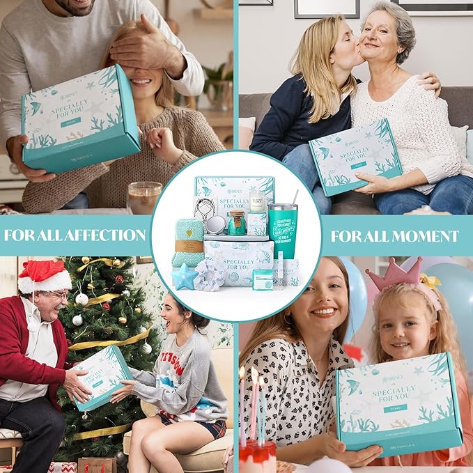 Briney 13Pcs Birthday Gifts for Women, Care Package for Women, Gift Basket, Unique Relaxing Ocean Themed Present for Mom Wife Sister Best Friend, Blue