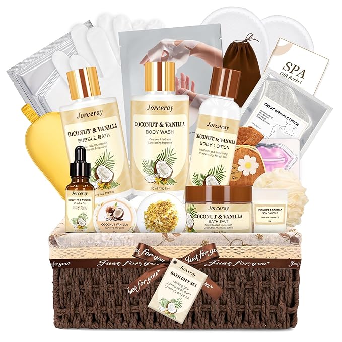 Bath and Body Gift Basket Set for Women - Coconut Vanilla Spa Gift Basket for Women 22pcs Luxury Bath Gift Set with Shower Gel Self Care Pampering Gifts for Mothers Day, Christmas, Birthday Gifts