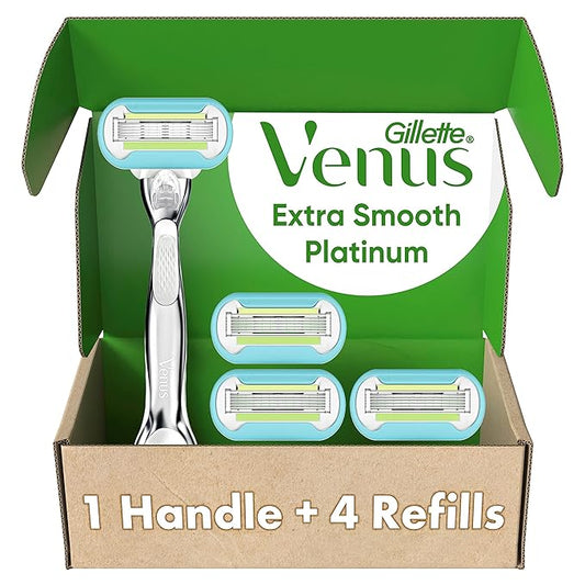 Gillette Venus Platinum Extra Smooth Metal Handle Women's Razor Handle + 4 Blade Refills, Pivoting Head and Ribbon of Moisture