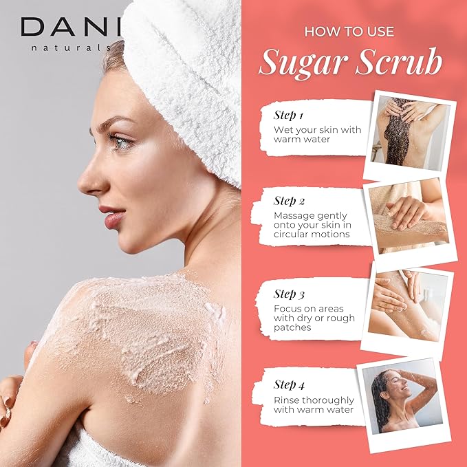 DANI Naturals Exfoliating Sugar Scrub - Coconut Hibiscus, made with organic cane sugar and shea butter, gently exfoliates and deeply hydrates for smooth, radiant skin – 14 oz