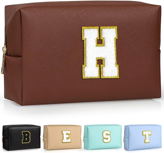 TOPEAST Preppy Bag, Monogrammed Makeup Bags with Zipper, Cute Makeup Pouch, Initial Birthday Gifts Bag for Daughter Friends Sister, Preppy Things for Girls (Brown H)