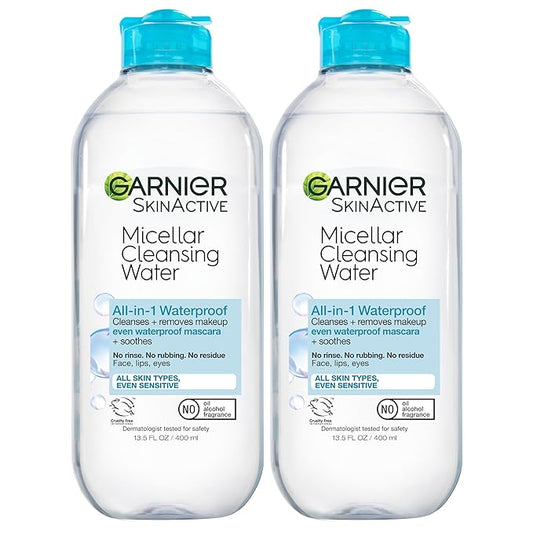 Garnier Micellar Water for Waterproof Makeup, Hydrating Facial Cleanser & Makeup Remover, Suitable for Sensitive Skin, Vegan, Cruelty Free, 13.5 Fl Oz (400mL), 2 Count