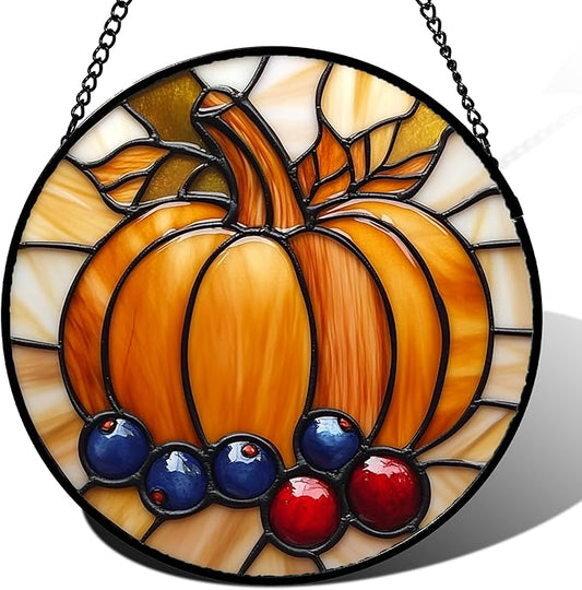 Stained Glass Window Hanging Fall Pumpkin Berries Large 11.8" - Suncatcher Door Garden Kitchen Sunroom Sun Catcher Autumn Home Decor Birthday for Mom Grandma Men Woman