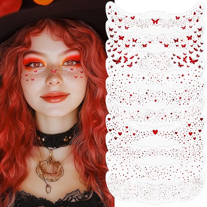 10Pcs Halloween Face Makeup Patches, Glitter Freckles Face Tattoo for Teenagers & Young Women, Sparkle Freckles Makeup Patches, Waterproof Face Glitter Freckles (10Pcs Red)
