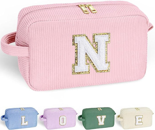 YOOLIFE Small Pink Travel Makeup Bag - Birthday Gifts for Women Girls Initial Cosmetic Bag Makeup Brush Bag Large Makeup Bag Makeup Pouch Cute Makeup Bag Personalized Cute Friend Gifts for Women N