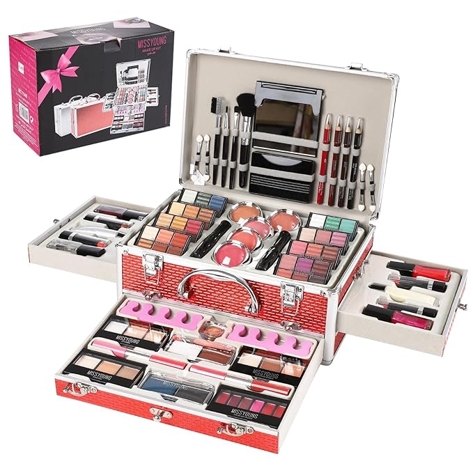 All in One Makeup Kit for Teens, 106 Pcs Professional Kit, Include Eyeshadow Palette, Lipstick Set, Concealer, Foundation, Lipgloss, Makeup Brush (Red)
