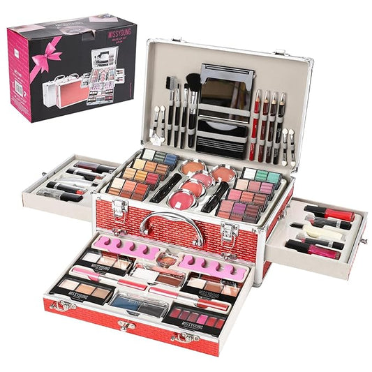 All in One Makeup Kit for Teens, 106 Pcs Professional Kit, Include Eyeshadow Palette, Lipstick Set, Concealer, Foundation, Lipgloss, Makeup Brush (Red)