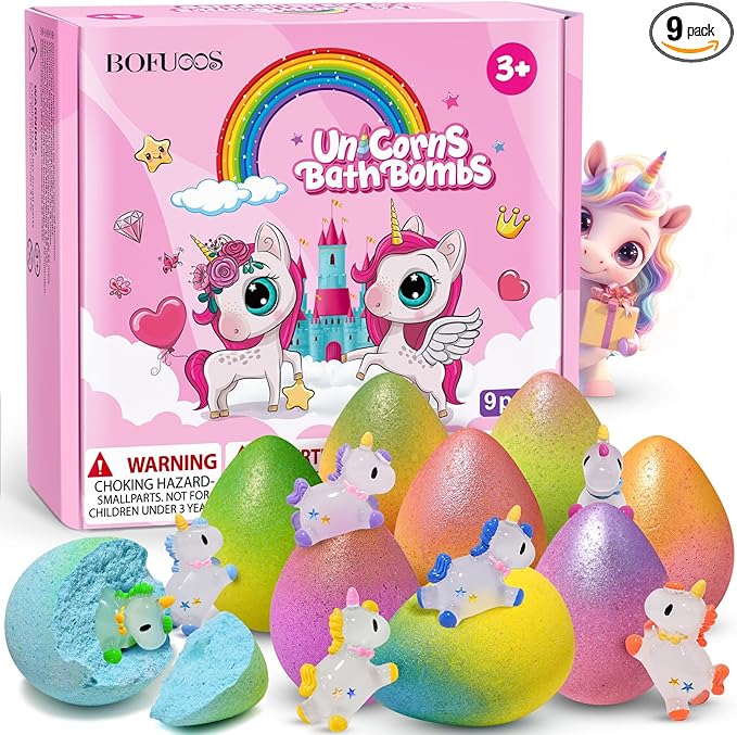 Unicorn Bath Bombs with Surprise Toys Inside, 9 Packs Bubble Bath Bomb for Kids Girls, Christmas Birthday Gifts for Girls, Stocking Stuffers for Kids (36+ Months)