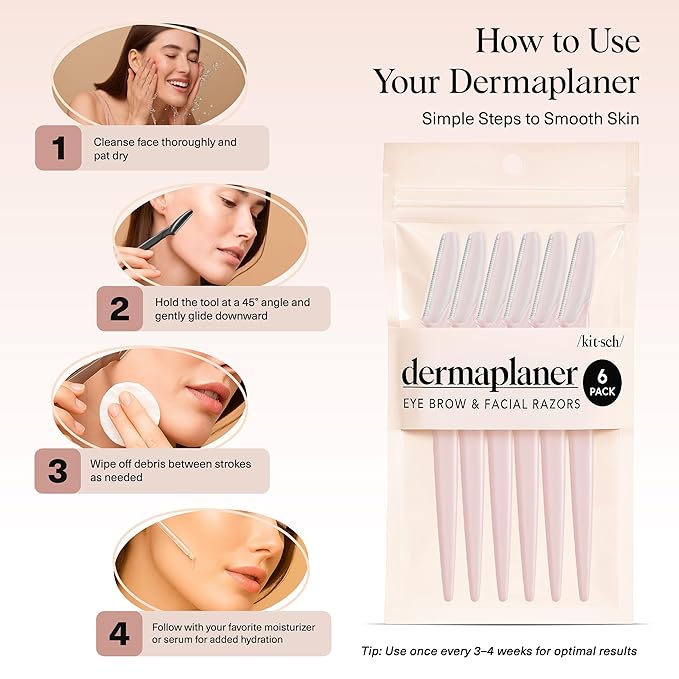 Kitsch Dermaplane Razor for Women Face – Face Razors for Women & Men, Eyebrow Trimmer & Face Shaver – Exfoliating Facial Razor & Skin Care Tool for Smoother Skin - Blush, 6 pcs