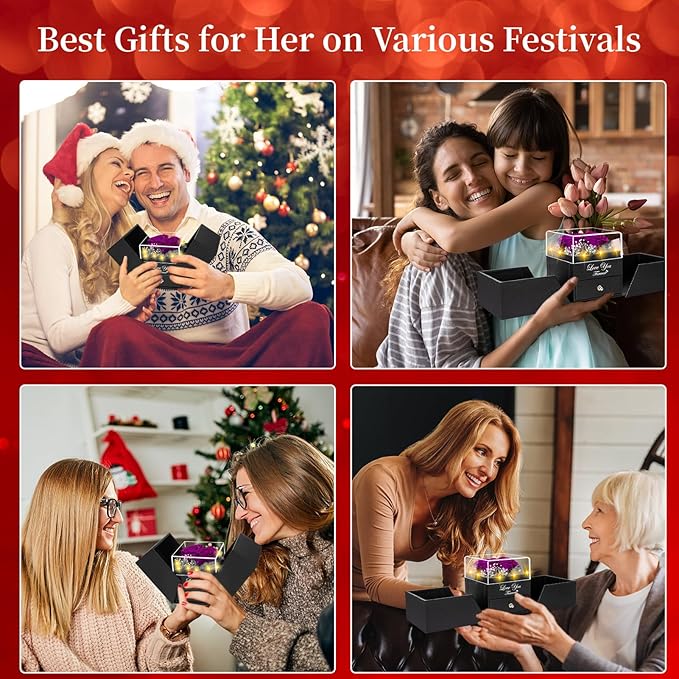 2 Preserved Real Rose with Heart I Love You Necklace- Eternal Rose Birthday Gifts for Women Wife Girlfriend Her Mom Grandma on Festivals Gifts Christmas Valentines Mothers Day Anniversary-Purple Roses