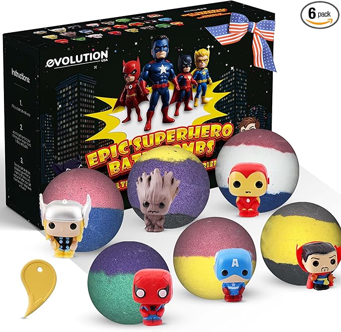 EvolutionUSA Black Epic Superhero Bath Bombs for Kids, 6 Super Hero Bath Bombs with Toy Inside, Lush Childrens Bathbombs, Organic Bathbomb with Surprise Inside, Fizzy Fun Superhero Bath Balls