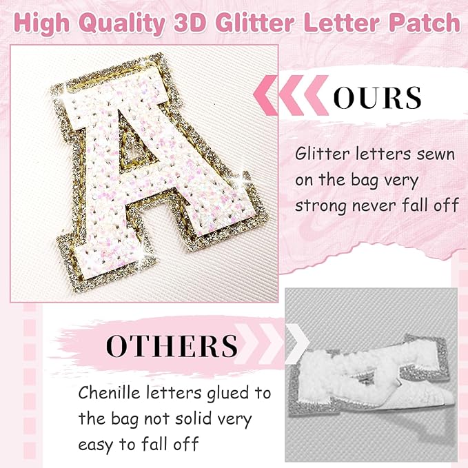 Small Initial Patch Makeup Bag Personalized Gifts Make Up Bag,White Cute PU Leather Glitter Letter Cosmetic Bag with Zipper,Trendy Portable Travel Toiletry Pouch,Preppy Stuff for Teen Girls Women E