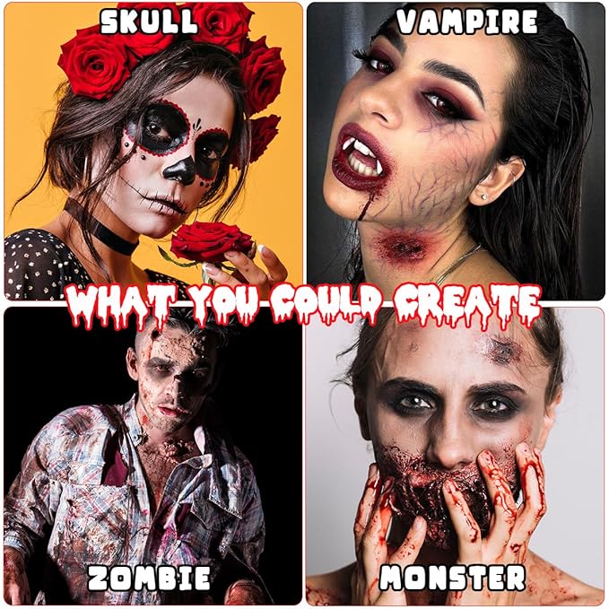 Bowitzki Halloween Makeup Set Oil Based Face Body Paint Special Effects Kit SFX Sponges Scar Wax Fake Blood Brush Tooth Paint Halloween Party SFX Cosplay