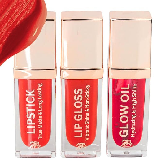 Lip Trio – Matte Red Lipstick + Gloss & Lip Oil | Smudge-Proof Lipstick + Hydrating Lip Care with Jojoba and Vit-E | Vegan, Clean, Non-Toxic, Summer-Ready Gift Set (Scarlet Flame)