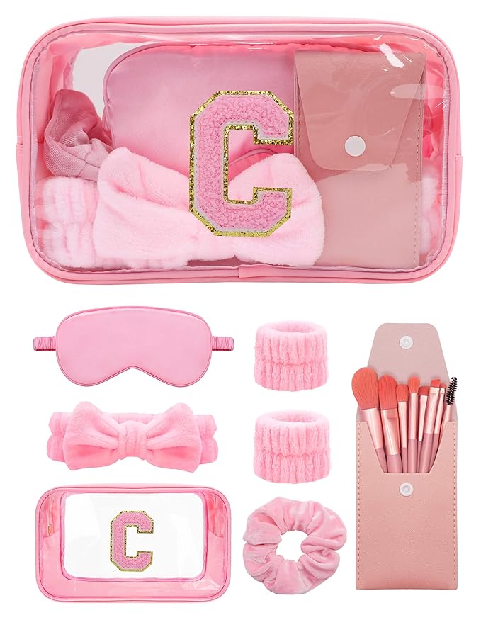 Gift Sets for Women, Initial Makeup Bag with Makeup Brush Set Bachelorette Party Favors, Pink Spa Kit with Skincare Headbands Wrist Bands Sleepover Party Supplies Gifts for Teen Girls Bridesmaid C