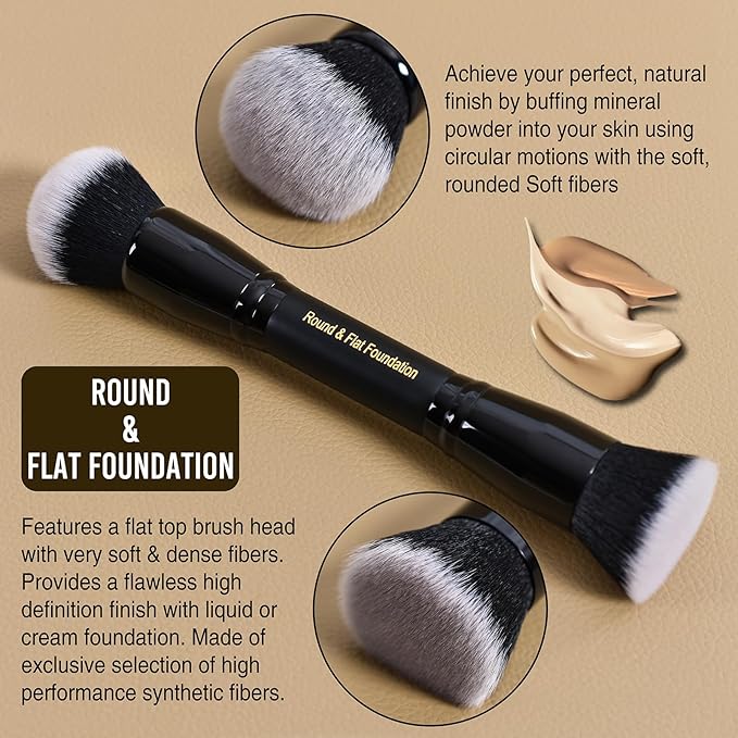 LORYP Black Makeup Brushes 2Pcs Duo End Foundation Powder Brush Set, Blush & Highlighter Brush and Round & Flat Foundation Brush