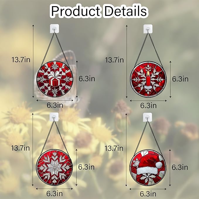 Stained Glass Window Hanging 4 Pcs Set Red Christmas Decorations Theme 6.3" - Suncatcher Door Garden Sun Catcher Decor Birthday for Mom Woman Nana Men Friend Wife