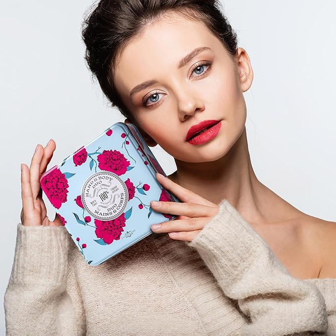 La Chatelaine Shea Rose Triple Milled Bar Soap and 20% Shea Butter Hand Cream Gift Set, Gift for Mom, Decorative Tin, Plant-Based, Natural & Organic, Made in France (7 oz. soap bar, 1 oz. hand lotion)