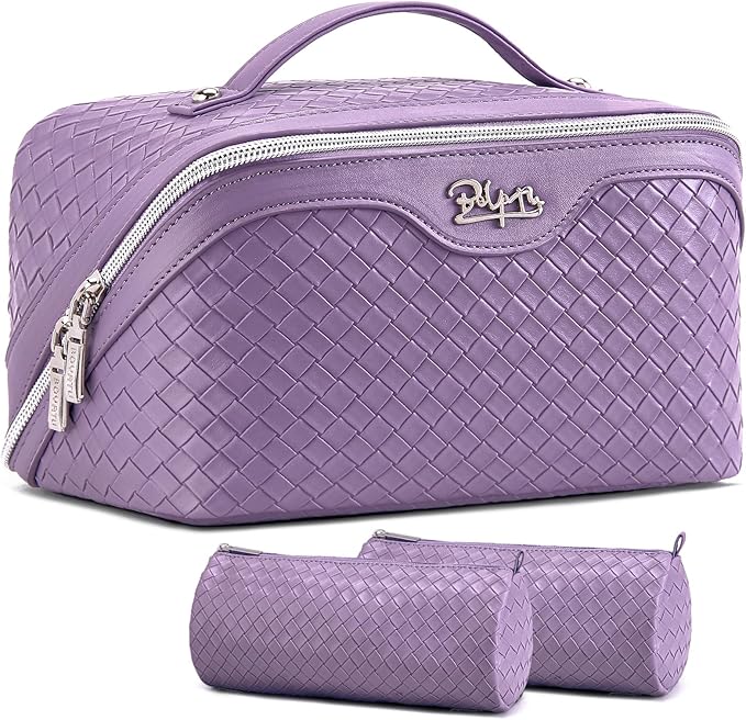 BOYATU Travel Makeup Bag Cosmetic Bags for Women: Large Capacity 3 Pcs Set Make up Bag with Compartments - Waterproof Vegan Leather Toiletry Organizer Bags with Handle - Travel Essentials(L01 Purple)