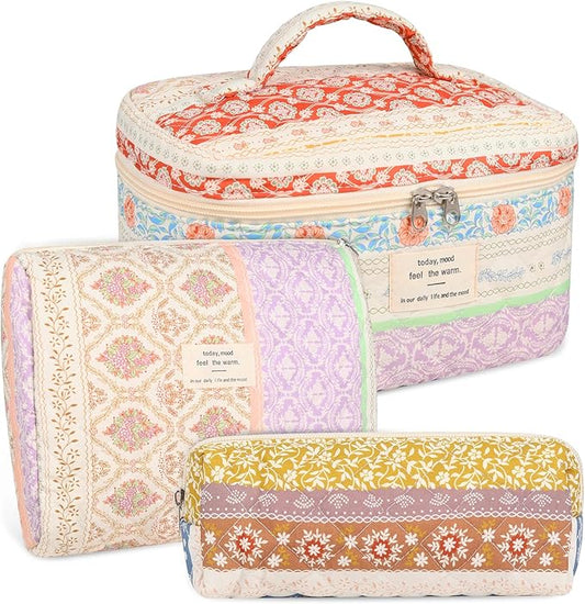 Anfly Makeup Bag, Quilted Cosmetic Bags, Large Floral Make Up Bag, Cute Makeup Bag 3PC Set for Women Girls (Color Clash)