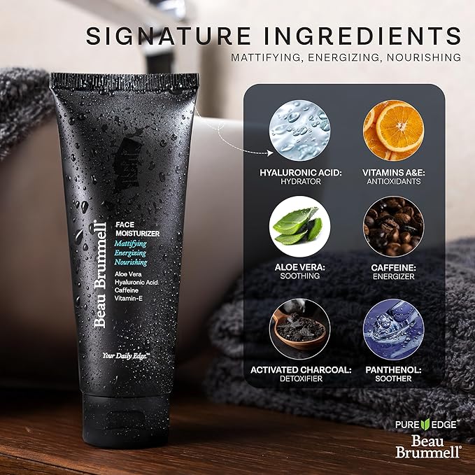 Beau Brummell for Men Matte Finish Face Moisturizer | Fast Absorbing, Lightweight Face Lotion with Vitamins A+E, Aloe Vera & Caffeine | Anti-aging, For Dry or Oily Skin | 4 OZ Tube | Made In America