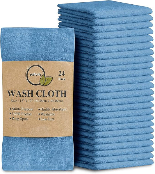 Softolle 100% Cotton Washcloths 24 Pack (12x12 Inches) Soft, Highly Absorbent Washcloth, Face Towels, Wash Cloths for Face, Ring Spun, Bulk Pack (Sky Blue)
