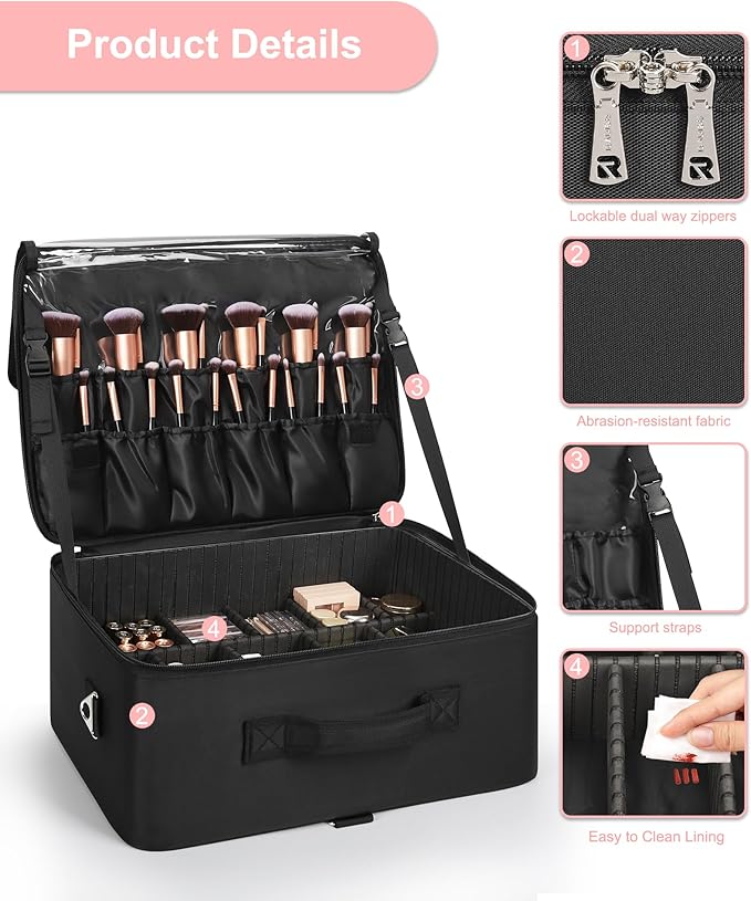 Relavel Extra Large Makeup Case Professional Cosmetic Storage Organizer Box Brush Holder with 8 Clear Set Bags & Lipstick Plate for Makeup Artists with Shoulder Strap & Adjustable Dividers