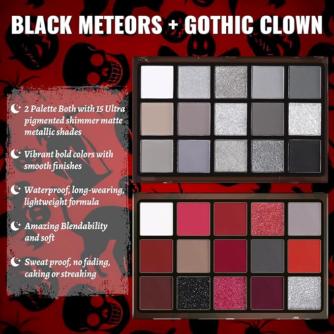 UCANBE 2pcs Halloween Eyeshadow Palette Makeup Set, Black Red Colors Shimmer Matte Metallic Smokey Dark Eye Shadow Pallet with Soft Brush Kit, Goth Eye Make Up for Costume Joker Clown Vampire