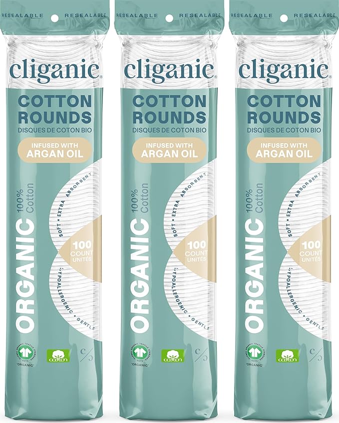 Cliganic Organic Cotton Rounds - Argan Oil Infused (300 Count) - Makeup Remover Pads, Hypoallergenic, Lint-Free | 100% Pure Cotton