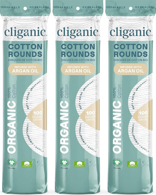Cliganic Organic Cotton Rounds - Argan Oil Infused (300 Count) - Makeup Remover Pads, Hypoallergenic, Lint-Free | 100% Pure Cotton