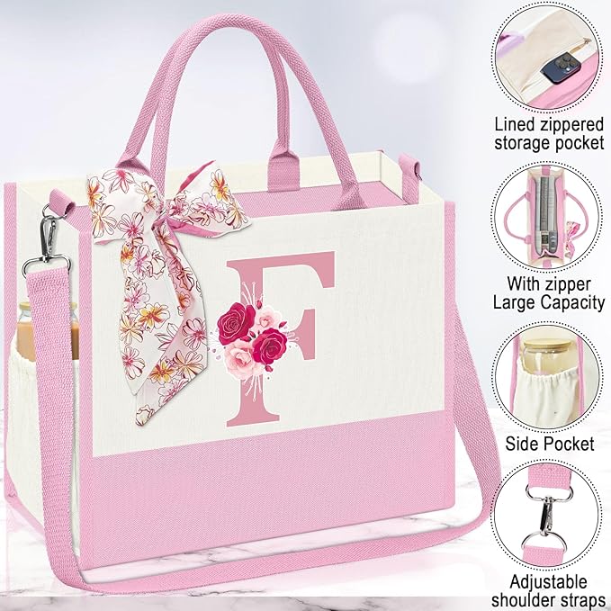 Gifts for Women,Initial Canvas Tote Bag,Personalized Gift for Woman,Monogrammed Gifts for Women,Initial Makeup Bag,Birthday Gift for Mom,present for Niece Sister-F