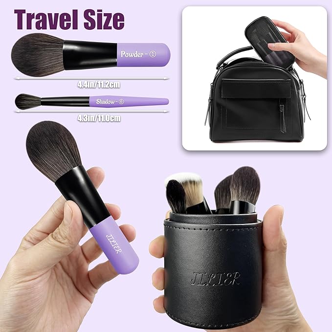 Jilier 14 pcs Mini Makeup Brushes and Pocket Mirror, Travel Makeup Brush Set, LED Compact Mirror with Light, Travel Size with Case, Portable for Handbag, Travel Essentials for Women