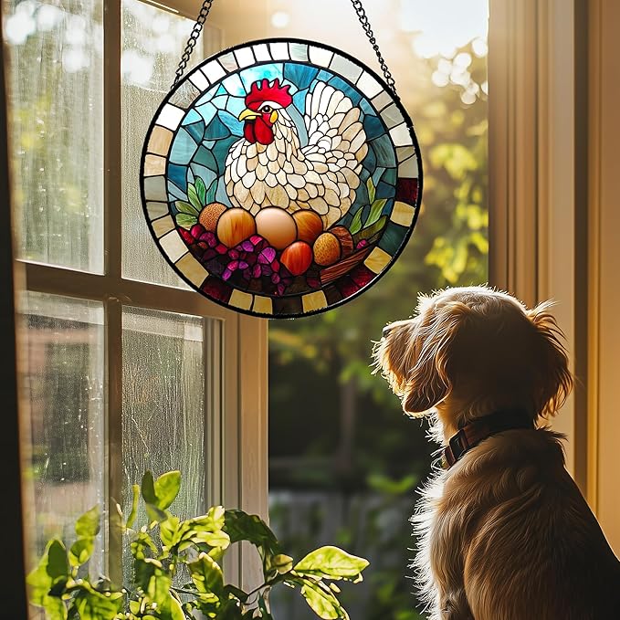 Stained Glass Window Hanging White Chicken Hatching Eggs Large 11.8" - Suncatcher Door Garden Sunroom Sun Catcher Home Decor Birthday Christmas for Mom Men Woman Nana