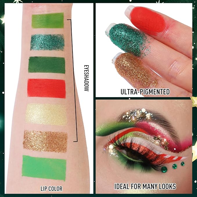 BOBISUKA Eyeshadow + Matte Lipstick Makeup Set, 6 Colors Green Red Shimmer Matte Gold Glitter Eye Shadow Pallet with Green Liquid Lipstick Makeup Kit for Christmas, Halloween, St Patricks Day